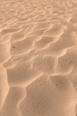 Buy stock photo Above, texture and pattern of sand on beach, material and dimension with mixture of substances. Wave, creativity and gravel with tropical surface for formation, abstract and waves of desert outdoor