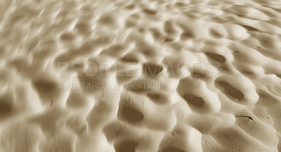 Buy stock photo Sand, desert or texture for wallpaper with blur, nature or ripple from wind. Beach, background or grain on tropical island with ecosystem, environment care or clean for pollution awareness in mockup