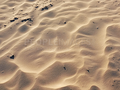 Buy stock photo Natural, sand ripples and environment with dunes, landscape and travel with tourism, adventure and texture. Empty, climate change and outdoor with summer, holiday and sustainability with desert