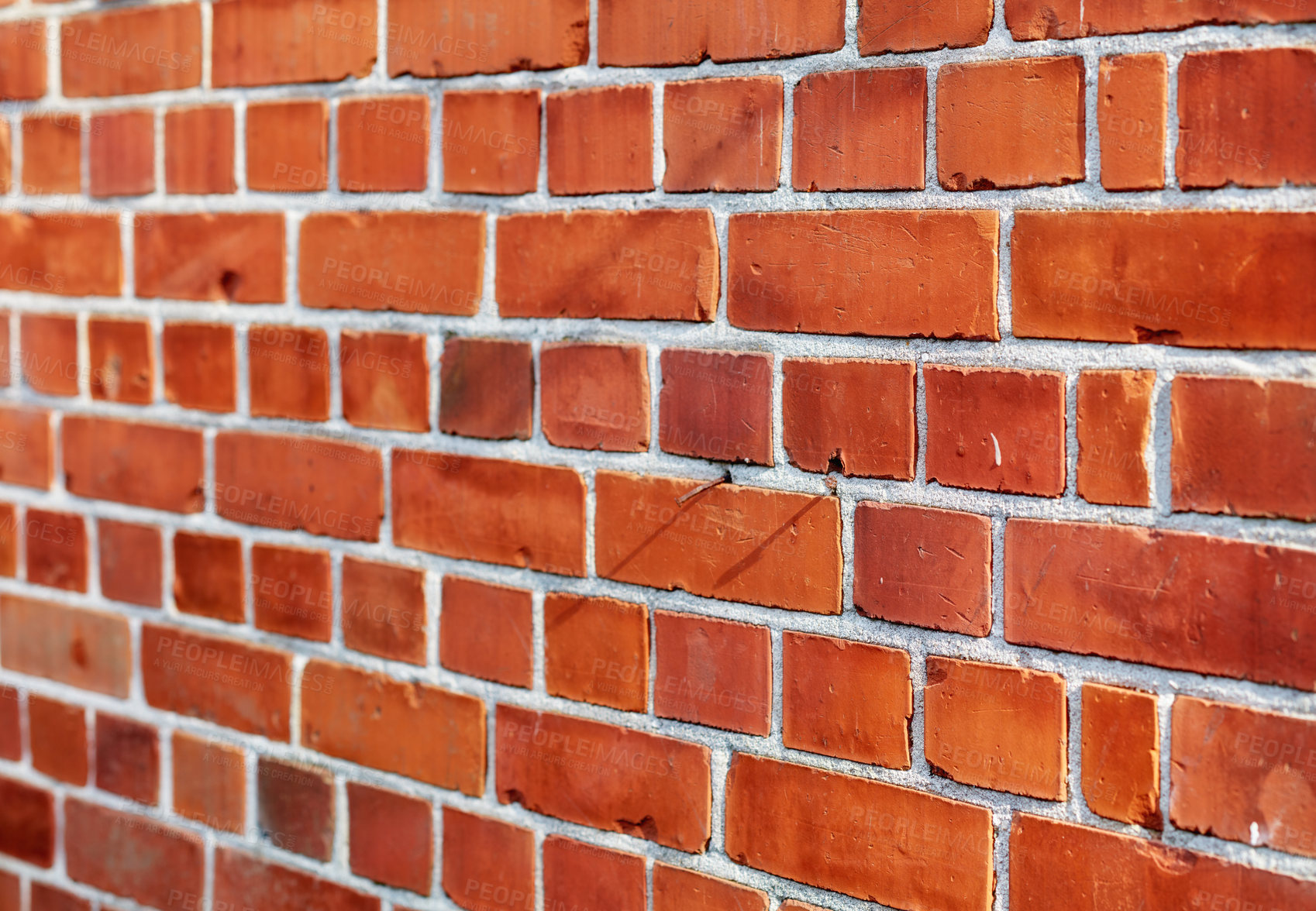 Buy stock photo Building, city and closeup of red, brick wall for texture, background and pattern of exterior structure. Architecture design, construction and surface of material, concrete and cement for decoration