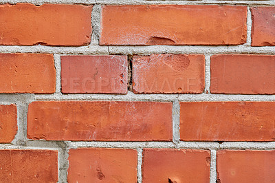 Buy stock photo Zoom, red and brick wall for wallpaper or building with concrete material for architecture, texture and surface. Stone, masonry and clay or cement to hold or plaster together for construction