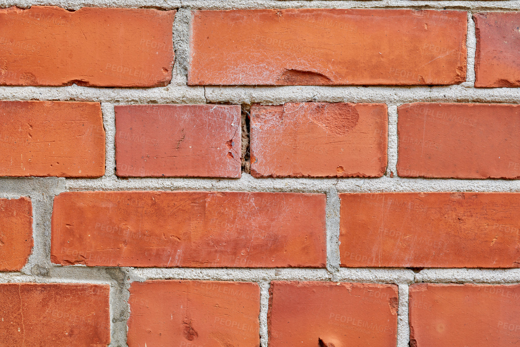 Buy stock photo Zoom, red and brick wall for wallpaper or building with concrete material for architecture, texture and surface. Stone, masonry and clay or cement to hold or plaster together for construction