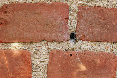 Buy stock photo Building, hole and closeup of red, brick wall for texture, background and pattern of exterior structure. Architecture design, construction and surface of material, concrete and cement for decoration