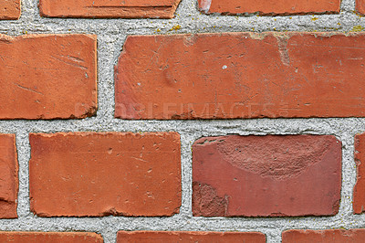 Buy stock photo Zoom, red and brick wall for wallpaper or building with concrete material for architecture, texture and surface. Stone, masonry and clay or cement to hold or plaster together for construction