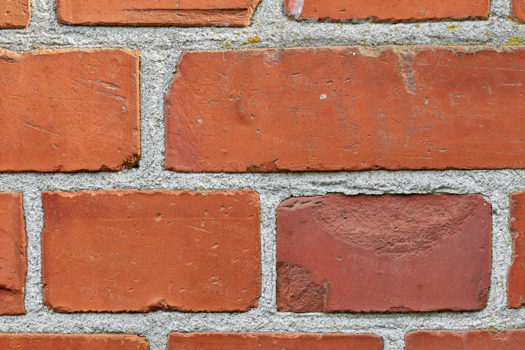 Buy stock photo Zoom, red and brick wall for wallpaper or building with concrete material for architecture, texture and surface. Stone, masonry and clay or cement to hold or plaster together for construction