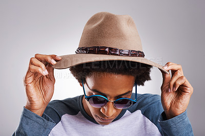 Buy stock photo Studio, hat and fashion for man with eyewear, pose or isolated on white background. Sunglasses, stylish or minimalism with trendy fedora for black male model, capsule wardrobe or sustainable clothes