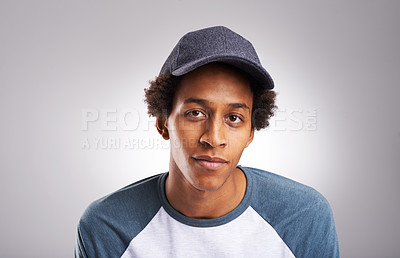 Buy stock photo Portrait, black man or fashion cap in proud, satisfaction or studio mockup space on grey background. African male student, baseball or hat with sports confidence, scholarship or university experience