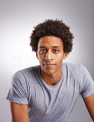 Buy stock photo Portrait, black man or afro of hair care, grooming or skincare as facial, wellness or dermatology. Glow, male person or confident of styling, cosmetology or satisfaction on mock up grey background