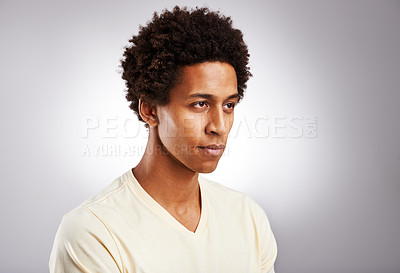 Buy stock photo Depression, mental health and tired black man in studio with exhaustion, burnout or broken heart. Sad, anxiety and African male person with loneliness, worry or grief isolated by gray background.