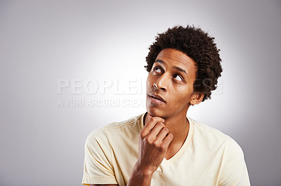 Buy stock photo Thinking, confused and man in studio with mockup for planning, solution or mind map on grey background. Why, questions or African model with emoji idea for brainstorming, problem solving or opinion