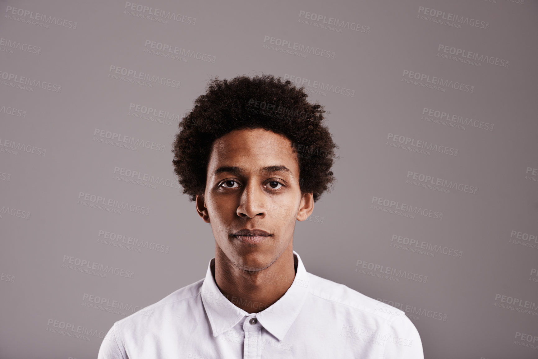 Buy stock photo Portrait, business and serious face with black man, assertive and employee on a grey studio background. African person, proud and mockup space with entrepreneur or afro with creative agency or worker