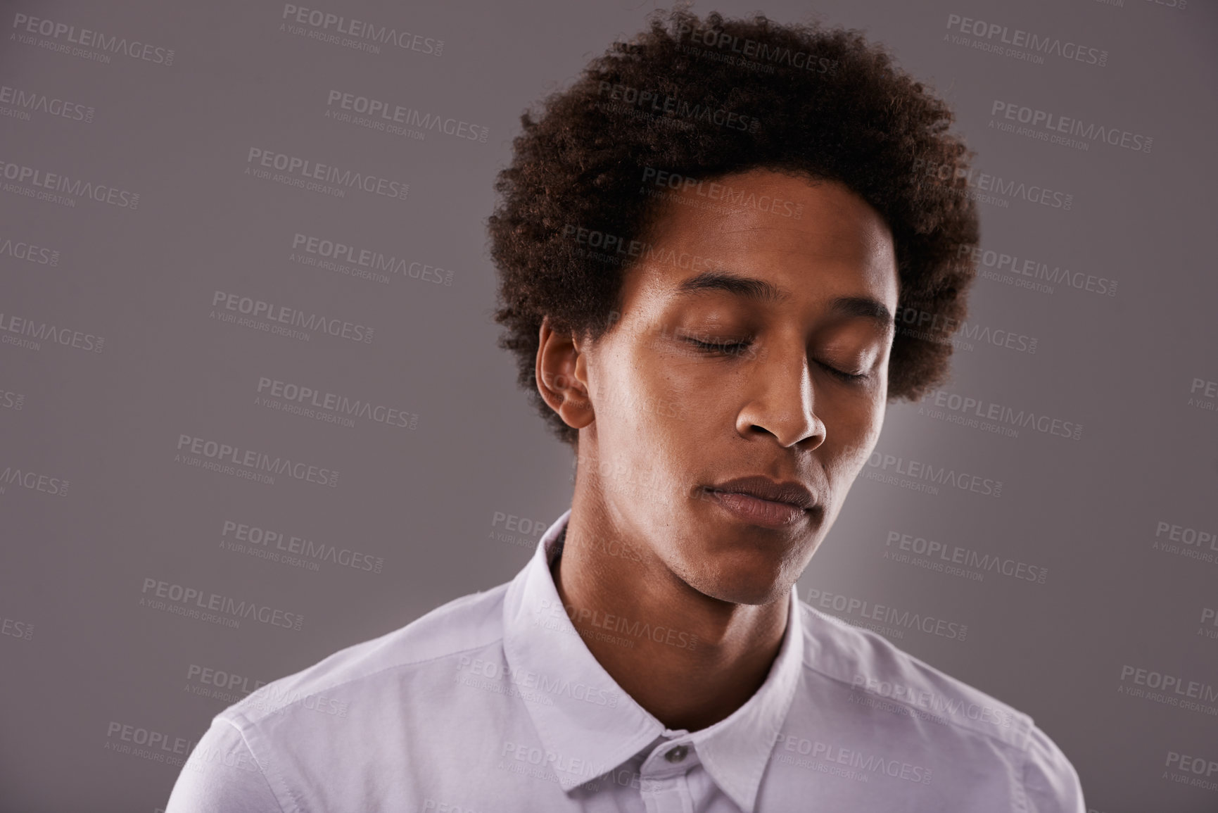 Buy stock photo Depression, mental health and tired black man in portrait with exhaustion or burnout from work stress. Sad, african male person and anxiety from loneliness, grief or loss isolated at gray background
