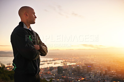 Buy stock photo Man, thinking and fitness with sunset on mountain in city for workout or outdoor exercise in nature. Male person or athlete with arms crossed in wonder or confidence for training or running on mockup