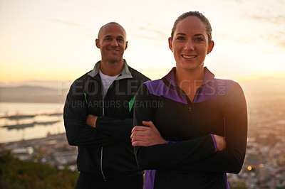 Buy stock photo Fitness, portrait and happy couple in nature with arms crossed for training, exercise or sunset run. Sports, face and athletic people outdoor with pride for workout, wellness or running performance