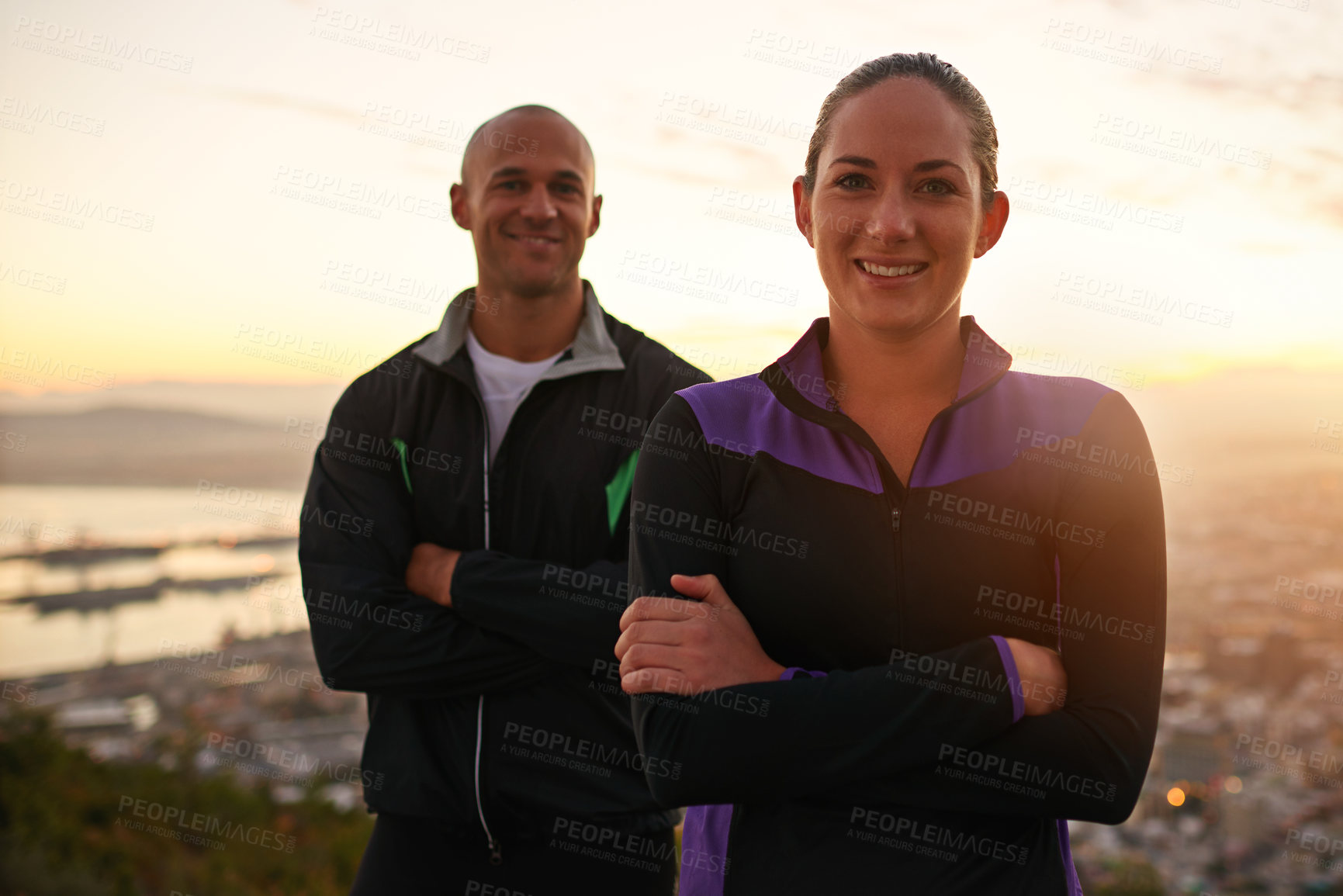 Buy stock photo Fitness, portrait and happy couple in nature with arms crossed for training, exercise or sunset run. Sports, face and athletic people outdoor with pride for workout, wellness or running performance