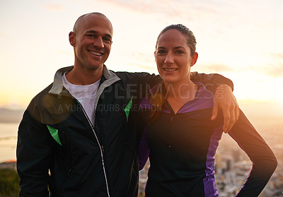 Buy stock photo Happy couple, portrait and fitness with hug in sunset on mountain for workout, exercise or training together. Man and woman with smile, love or support for hiking, running or health and wellness