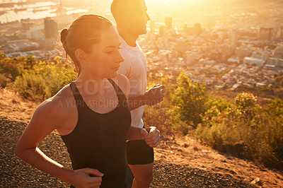 Buy stock photo Sunrise, fitness and personal trainer training woman as workout or morning exercise for health and wellness. Sport, marathon and runner run with man athlete in a city for sports and energy