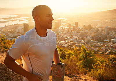 Buy stock photo Fitness, running and man at sunset on cliff for health, wellness and strong body development. Workout, exercise and happy runner on path in nature for marathon training, performance and challenge.
