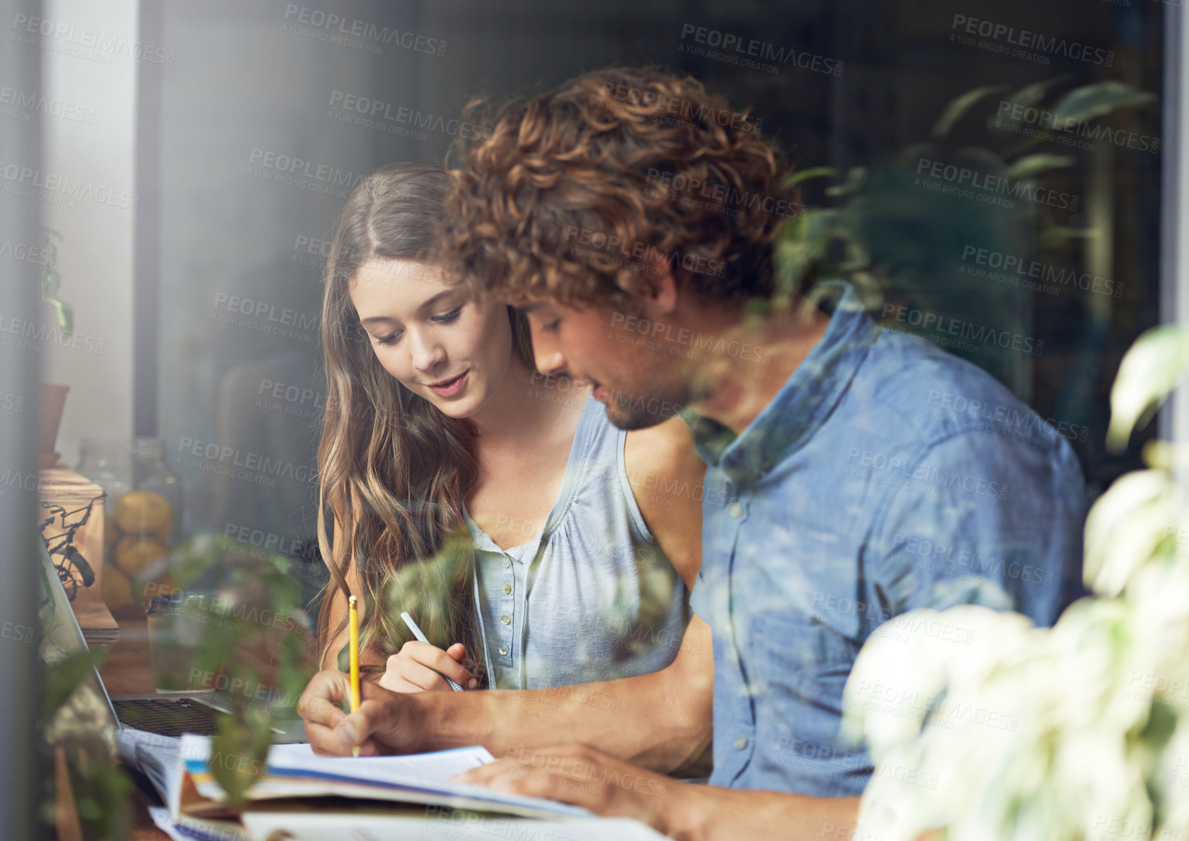 Buy stock photo Couple, journalist and research for writing, education and tutor in cafe in urban indoor bistro. Man, woman and copywriter for job, college and reading for knowledge and friend for date together