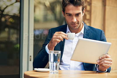 Buy stock photo Businessman, reading and outdoor at cafe with tablet for news, article or internet research in London. Online, communication and drink espresso with tech for social media and scroll blog on website