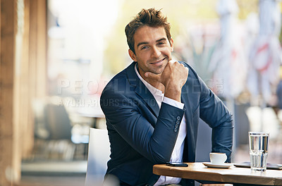 Buy stock photo Happy, portrait and businessman outdoor at cafe or relax entrepreneur waiting at table with espresso. Professional, customer or person smile planning schedule at coffee shop with drink in morning