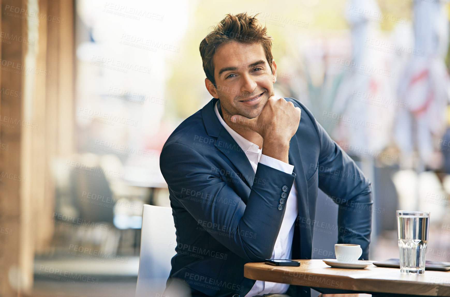 Buy stock photo Happy, portrait and businessman outdoor at cafe or relax entrepreneur waiting at table with espresso. Professional, customer or person smile planning schedule at coffee shop with drink in morning
