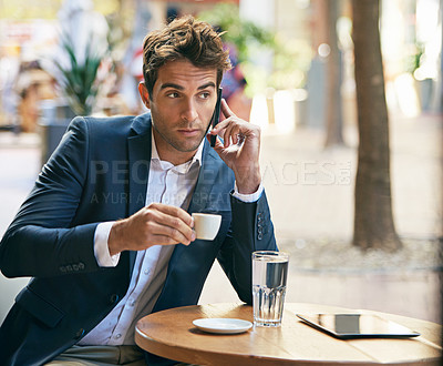 Buy stock photo Businessman, phonecall or cafe in thinking, planning or dream of communication on coffee break. Man, mobile or cup to discuss, vision or idea of software startup business at outdoor coffeeshop