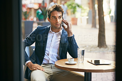 Buy stock photo Man, phone call or thinking of business, question or planning of tech communication at outdoor cafe. Businessman, mobile or coffee shop to discuss, vision or idea of dream software startup company