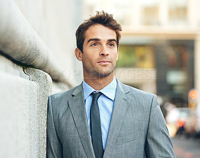 Buy stock photo Thinking, idea and businessman in city with brainstorming, planning or memory facial expression. Remember, suit and handsome professional male accountant with confidence outdoor in urban town.