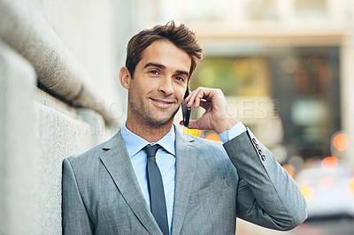Buy stock photo Lawyer, outdoor and portrait of man with phone call in city networking with communication to client. Attorney, smile or businessman chat on smartphone at court or law firm in London for consultation