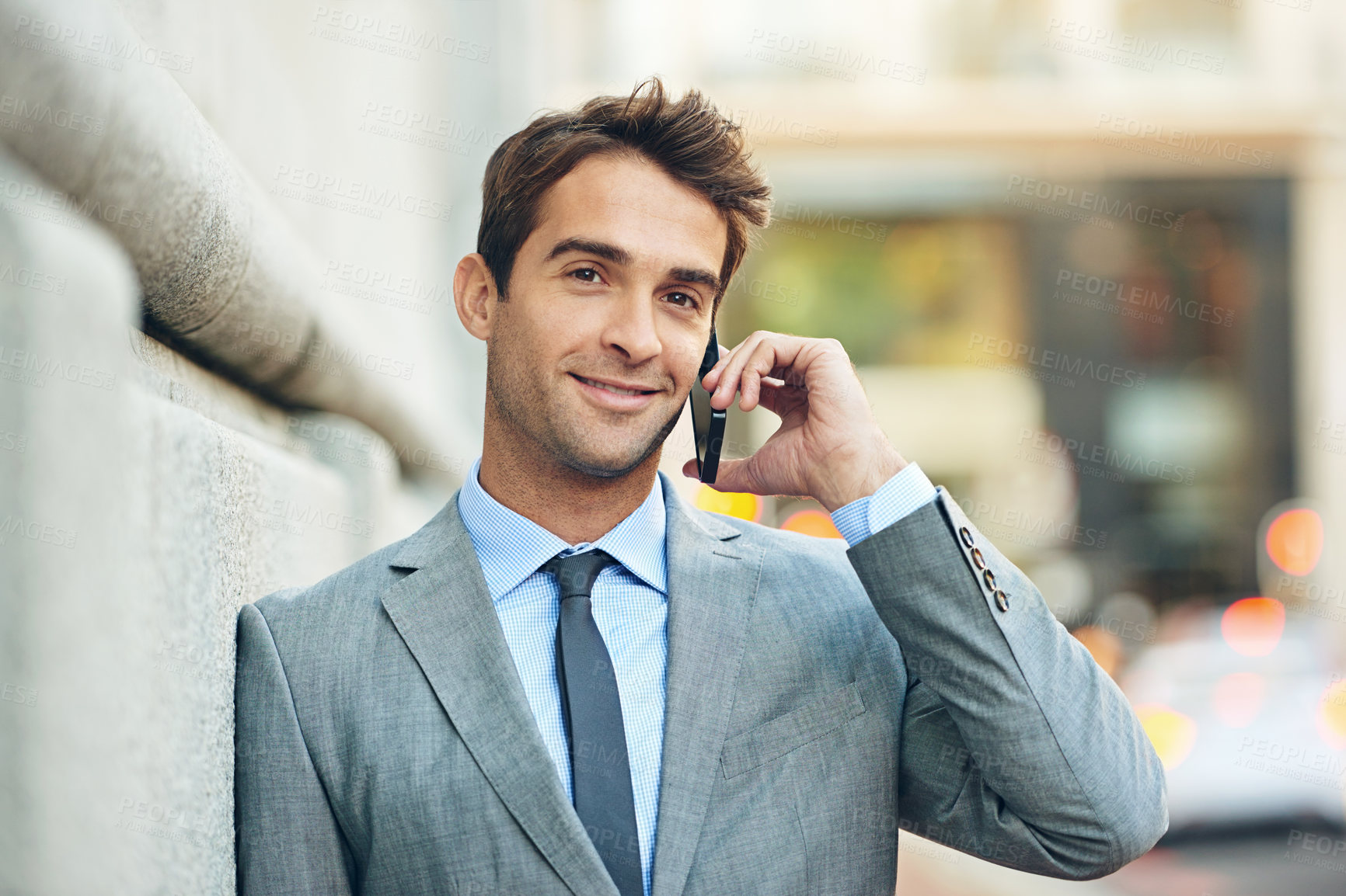 Buy stock photo Lawyer, outdoor and portrait of man with phone call in city networking with communication to client. Attorney, smile or businessman chat on smartphone at court or law firm in London for consultation