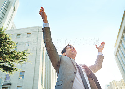 Buy stock photo Business man, city and freedom or celebration for career success, winning and wow with arms up in sky. Low angle of  a corporate worker or lawyer excited for opportunity, news and bonus or promotion
