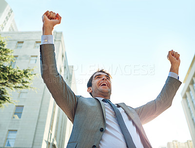 Buy stock photo Corporate man, city and freedom or celebration for career success, winning and yes with arms up in sky. Low angle of a business worker or lawyer excited for opportunity, news and bonus or promotion