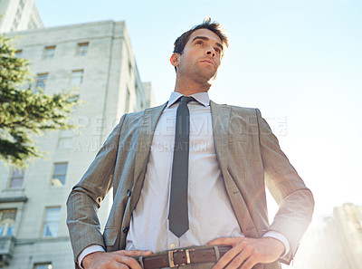 Buy stock photo Businessman, city and buildings with thinking for opportunity, career or accounting in Los Angeles. Professional man, vision and entrepreneur with confidence for planning, mindset and ambition