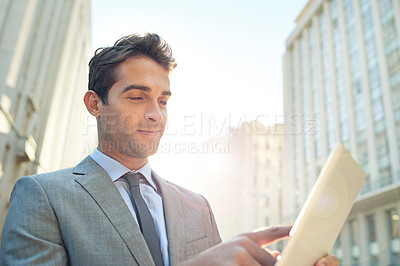 Buy stock photo Happy, tablet and businessman in city networking on social media, app or the internet. Smile, research and professional male lawyer reading blog on website with digital technology in urban town.
