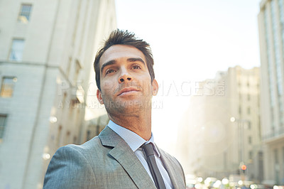 Buy stock photo City, confident and property developer with vision of future, urban investment and opportunities. Professional lawyer, sunlight and smile while planning and thinking of business ideas in Mexico