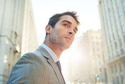 Buy stock photo City, confident and male lawyer with vision of future, ideas or planning for property development. Professional accountant, sunlight and thinking of investments, work or opportunities in South Africa