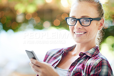 Buy stock photo Woman, portrait and internet with phone outdoor for communication, social media and mobile chat with smile. Person, face and happy with smartphone for text message, online scroll and email with bokeh
