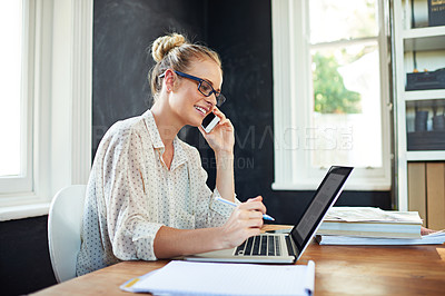 Buy stock photo Woman, computer and happy in home office with phone call for business networking, remote communication and multitasking. Female person, smartphone and technology for conversation, online and research