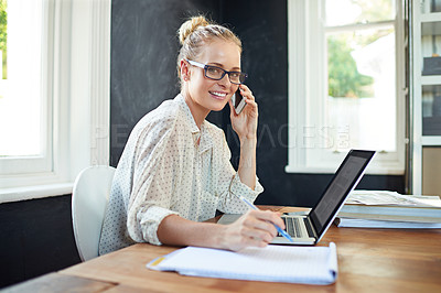 Buy stock photo Woman, portrait and laptop in home office with phone call for business networking, remote communication and multitasking. Female person, smartphone and conversation for startup, freelance and career.