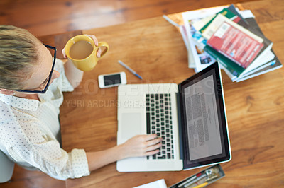 Buy stock photo Woman, laptop to research or study writing of book, blog or article as remote work in Los Angeles. Female journalist, phone or computer as typing, online, report or script as creative copywriting