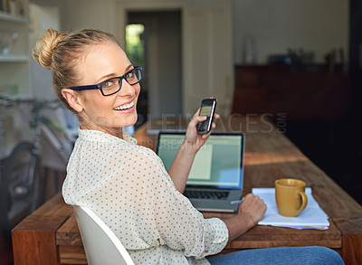 Buy stock photo Portrait, woman or laptop on phone to remote work as research or writing of blog, article or report. Female writer, smartphone or smile on computer as online, communication or digital text message