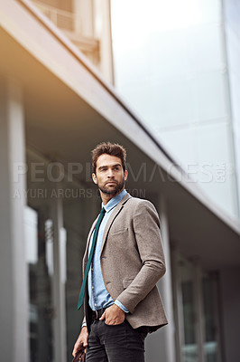 Buy stock photo Young, businessman and in urban city fashion near corporate company thinking about career path. Professional, man and model formal style for workplace at buildings with staff as manager downtown. 