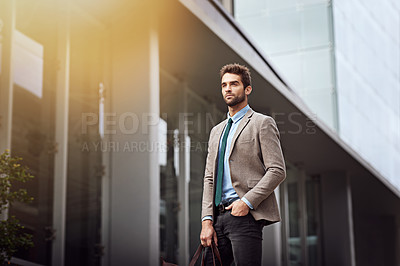 Buy stock photo Business man, city and commute outdoors on journey, professional and travel to office building. Male person, architect and serious face in urban town, employee and work trip for job opportunity