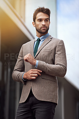 Buy stock photo Professional, corporate and businessman with formal suit for fashion, trendy and elegant style for outdoor. Business person, sales consultant and entrepreneur as career for stylish man in Germany