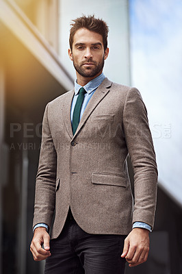 Buy stock photo Businessman, portrait and professional for business in New York City, entrepreneur and career for man. Male person, corporate and outdoors for urban culture, lawyer and legal advisor outside for air