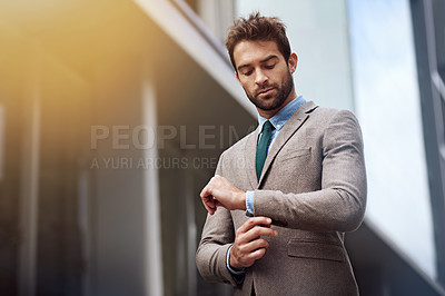 Buy stock photo Business man, city and style outdoors on journey, professional and travel to office building. Male person, architect and serious face in urban town, fashion and employee trip for job opportunity