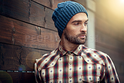 Buy stock photo Fashion, man and thinking on wooden wall with idea for trendy, cool and style for urban outdoor. Male person, choice and planning for weekend or holiday with winter outfit and stylish in Germany
