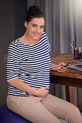 Buy stock photo Portrait, phone and pregnant woman in home office with remote work for maternity leave, online appointment and happy. Mobile, web and mom with pregnancy by desk for text chat, email and communication