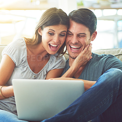 Buy stock photo Happy couple, laptop and surprise with good news for winning or online giveaway in living room at home. Excited man or woman with smile on computer in celebration for promo, deal or discount at house